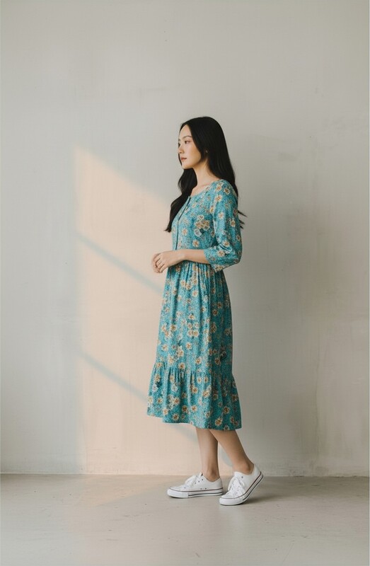 Naryaa Stylish Teal Floral Fit & Flare Midi Dress