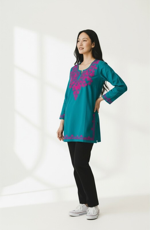 Teal Kurti with Pink Embroidery
