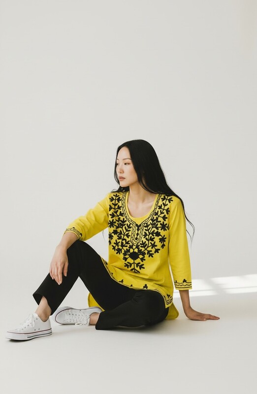 Bright Yellow Kurti with Black Embroidery