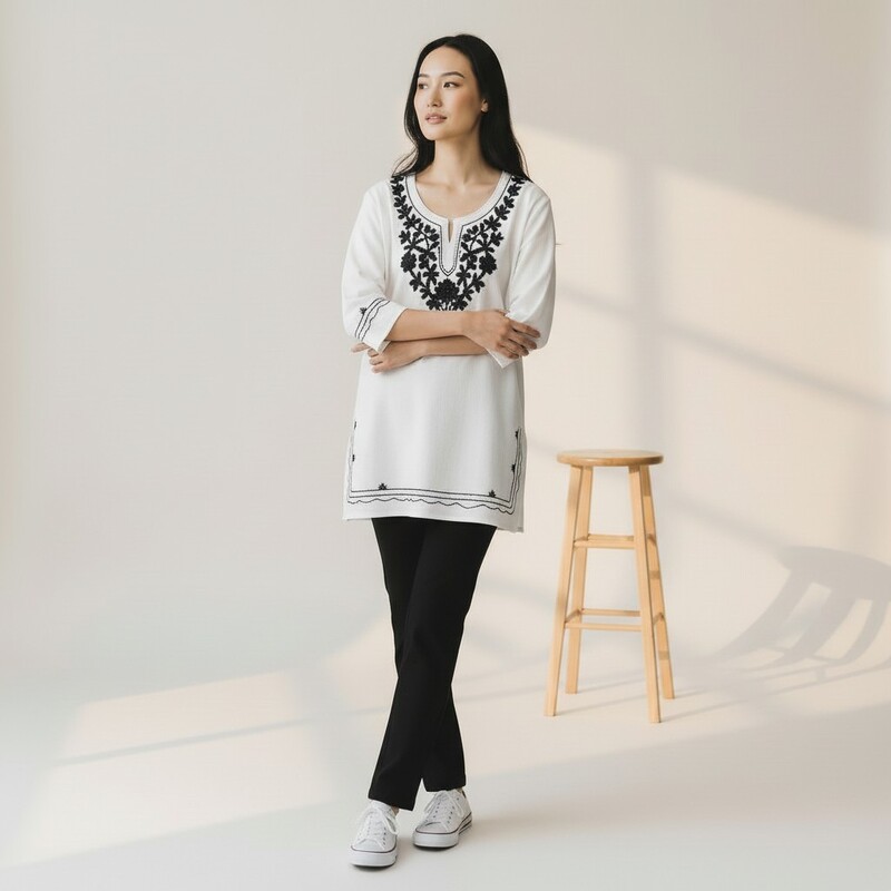 White Kurti with Black Embroidery