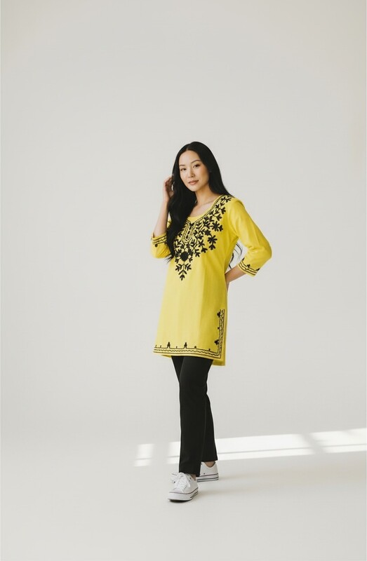 Bright Yellow Kurti with Black Embroidery