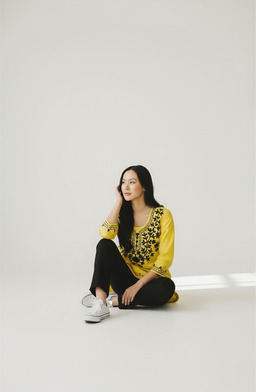 Bright Yellow Kurti with Black Embroidery