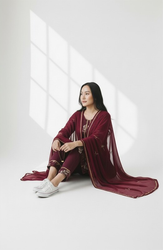 Maroon Printed Kurti with Beige Leaf Design