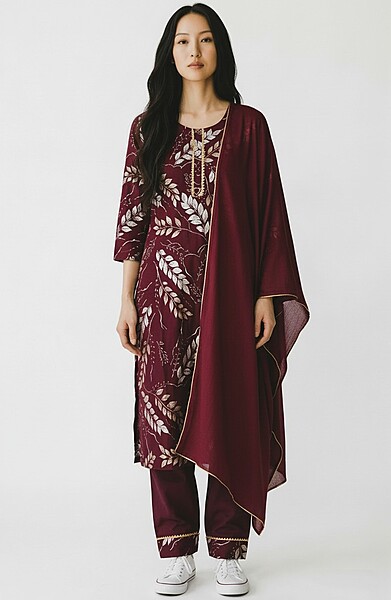 Maroon Printed Kurti with Beige Leaf Design