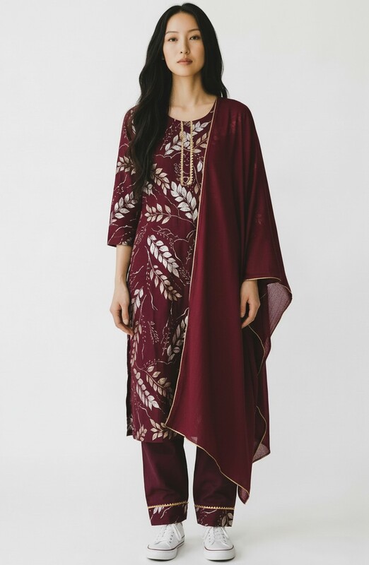 Maroon Printed Kurti with Beige Leaf Design