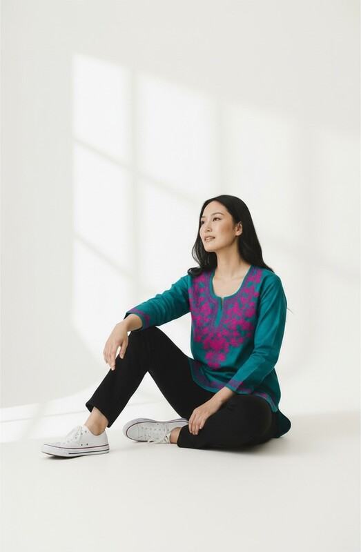 Teal Kurti with Pink Embroidery