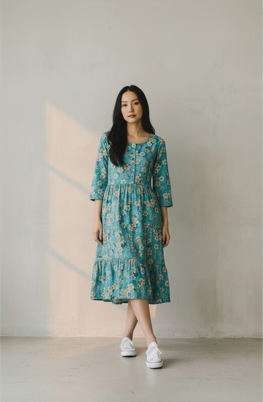 Naryaa Stylish Teal Floral Fit & Flare Midi Dress