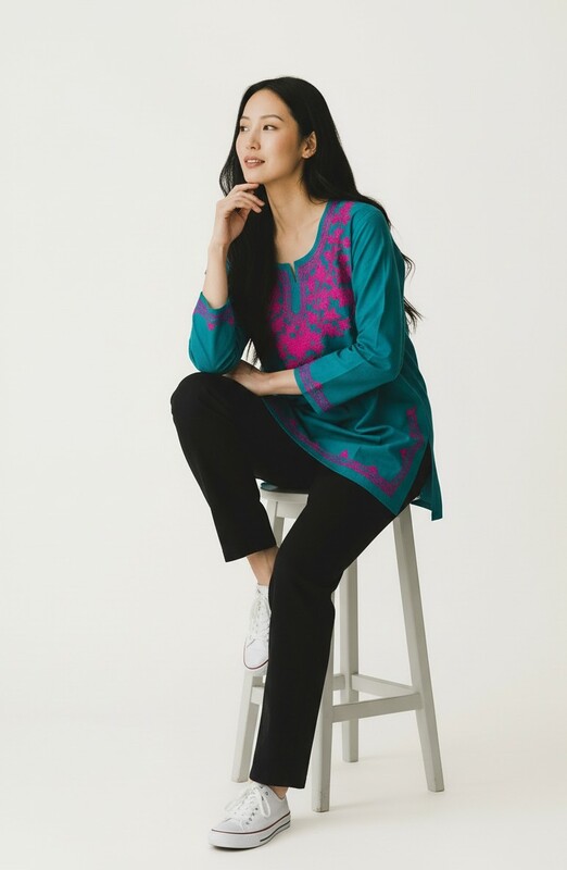 Teal Kurti with Pink Embroidery