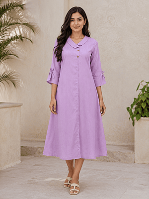 Lilac Cotton Blend A-Line Midi Dress for Women | Overlap Collar Casual Office Wear Lilac Cotton Blend A-Line Midi Dress for Women | Overlap Collar Casual Office Wear