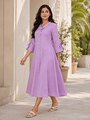 Lilac Cotton Blend A-Line Midi Dress for Women | Overlap Collar Casual Office Wear Lilac Cotton Blend A-Line Midi Dress for Women | Overlap Collar Casual Office Wear