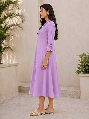Lilac Cotton Blend A-Line Midi Dress for Women | Overlap Collar Casual Office Wear Lilac Cotton Blend A-Line Midi Dress for Women | Overlap Collar Casual Office Wear