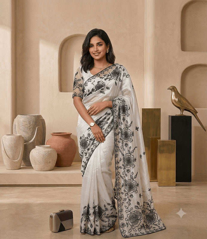 Myra Space Silk Black Embroidered Saree