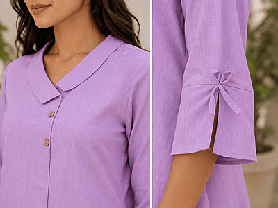 Lilac Cotton Blend A-Line Midi Dress for Women | Overlap Collar Casual Office Wear Lilac Cotton Blend A-Line Midi Dress for Women | Overlap Collar Casual Office Wear