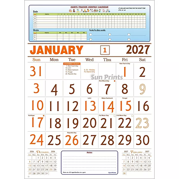 English Monthly Wall Calendar 2027, Habit Tracker, 6 Sheeter, 100GSM Art Paper, Medium (14x19 inch), Design No. 01