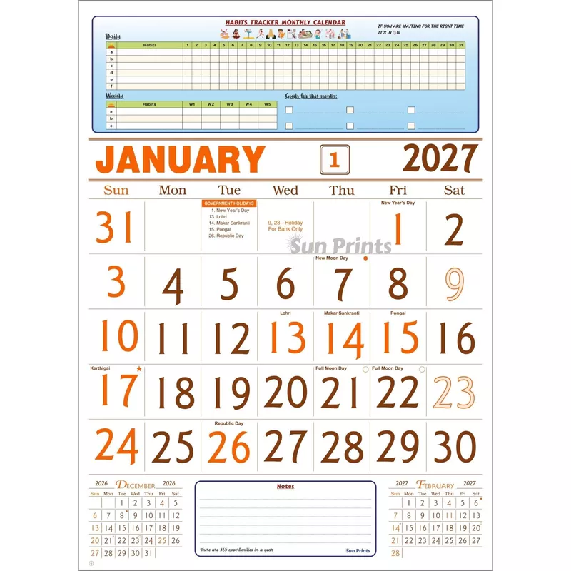 English Monthly Wall Calendar 2027, Habit Tracker, 6 Sheeter, 100GSM Art Paper, Medium (14x19 inch), Design No. 01
