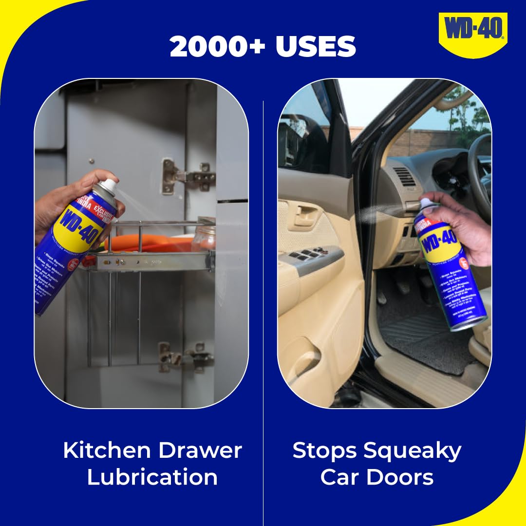 Multipurpose Spray WD-40, Lubricant, Rust Remover, Cleans Bike Chains, Squeak Noise Remover, Stain Remover, and Cleaning Agent, 344.4g Multipurpose Spray WD-40, Lubricant, Rust Remover, Cleans Bike Chains, Squeak Noise Remover, Stain Remover, and Cleaning Agent, 344.4g