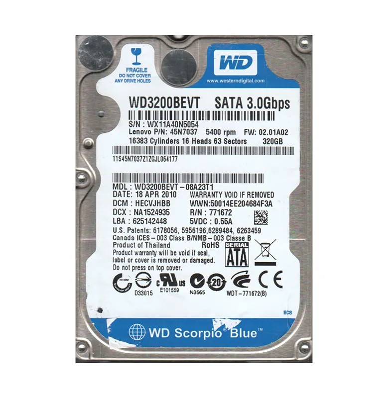 Refurbished Western Digital WD3200BEVT-08A23T1 - 320GB 5.4K RPM SATA 2.5" Hard Drive