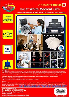 Inkjet Medical WHITE Film 8"X10" x100 sheets DR/CR/MRI/CT Imaging Film 180 Micron / 240 gsm