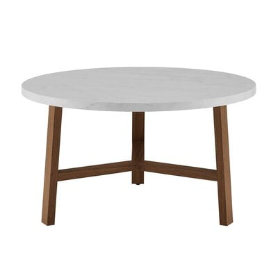 Contemporary Mid Century Modern Round Coffee Table in White Marble Top & Wooden Base Frame
