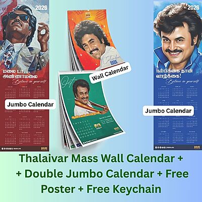 Thalaivar Wall Calendar + Double Jumbo Calendar Combo + Free Poster + Free Keychain Thalaivar Wall Calendar + Double Jumbo Calendar Combo + Free Poster + Free Keychain