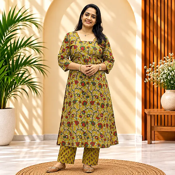 05jB Mehndi Green Cotton Printed Top & Bottom Set