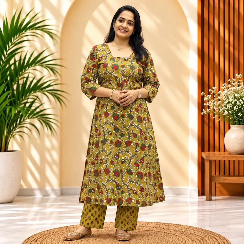 05jB Mehndi Green Cotton Printed Top & Bottom Set