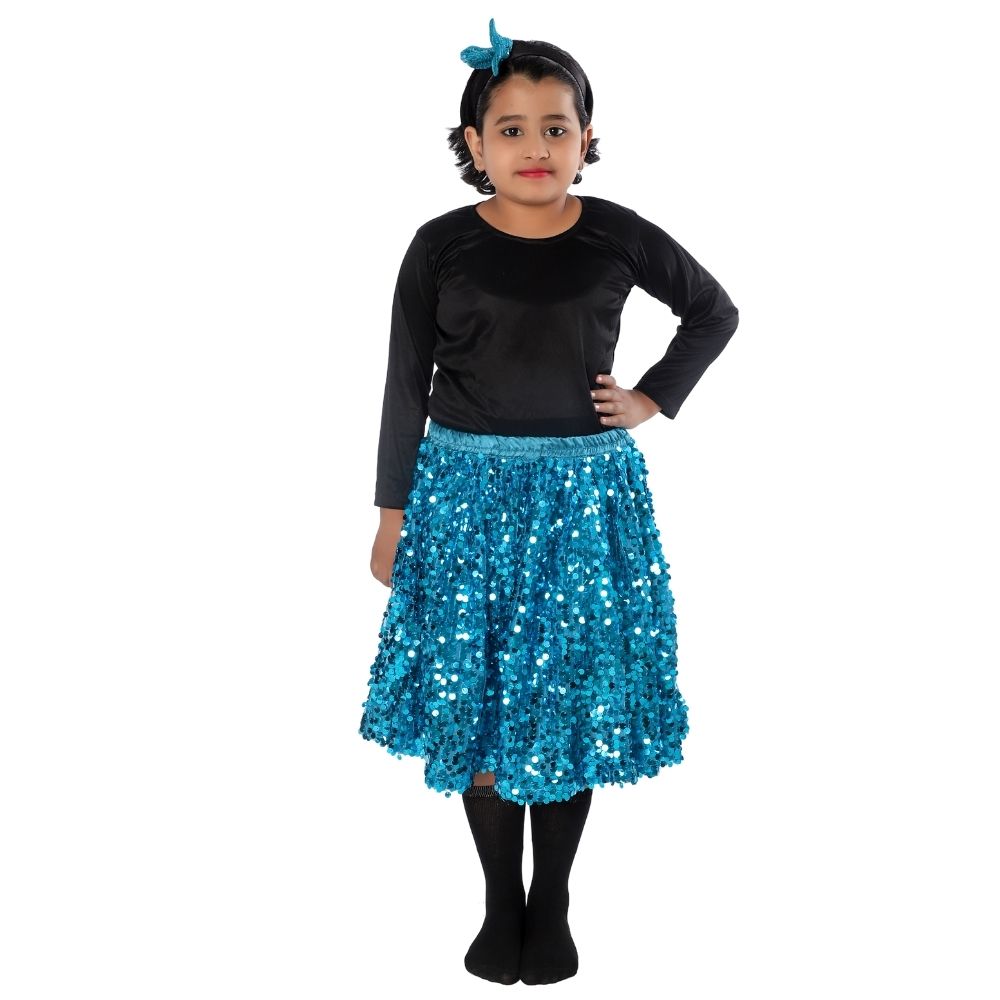 Western Dance Fancy Dress Skirt Top In Black & Firozi