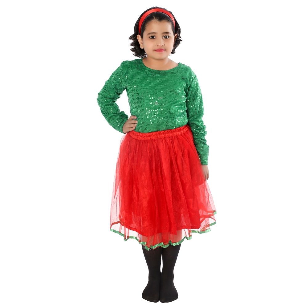 Western Dance Fancy Dress Skirt-Top In Green & Red