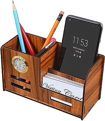 Wooden Pen & Pencil Card Holder With Watch