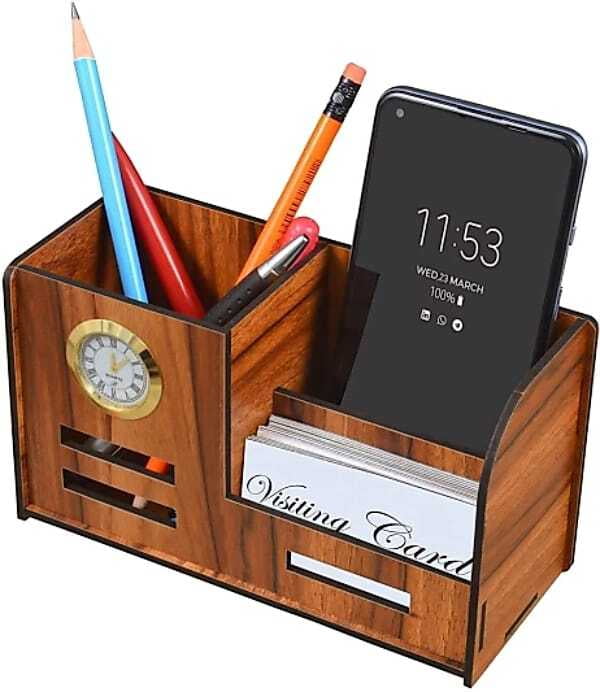 Wooden Pen & Pencil Card Holder With Watch Wooden Pen & Pencil Card Holder With Watch