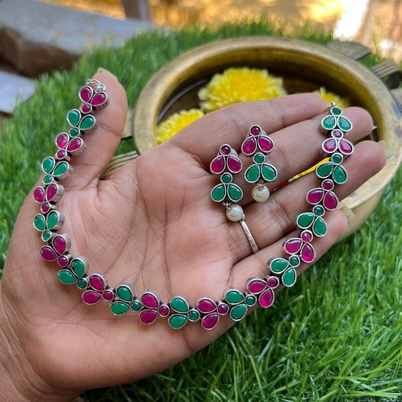 german silver jewellery- pink with green candystone