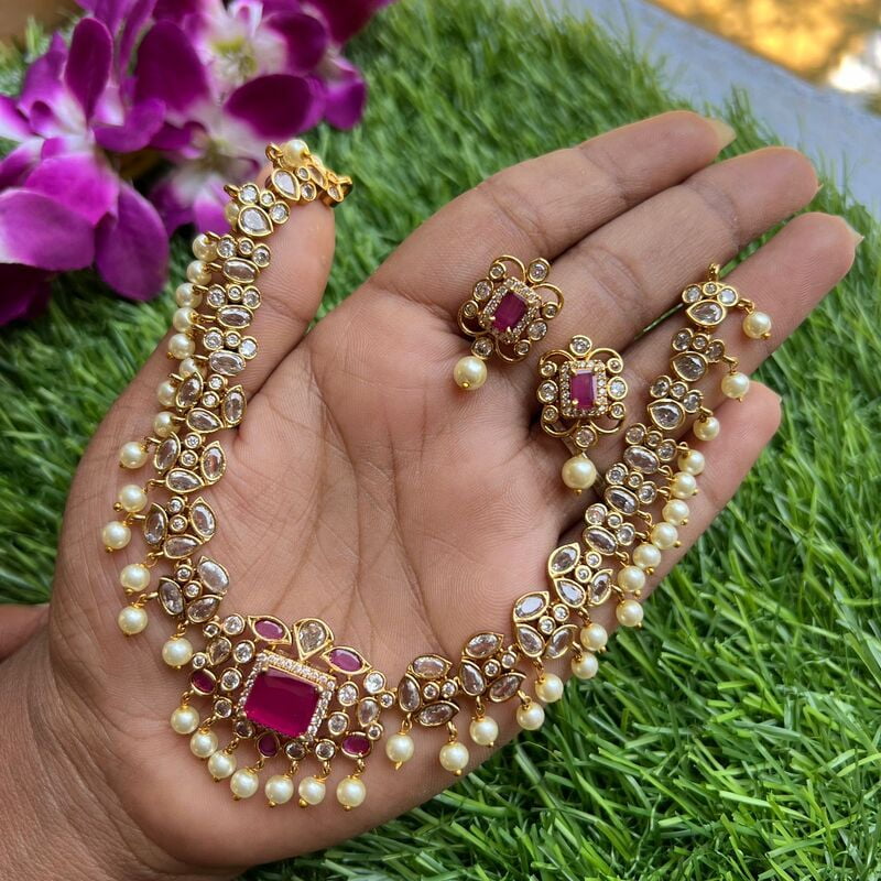 choker set - pink ruby with pearls