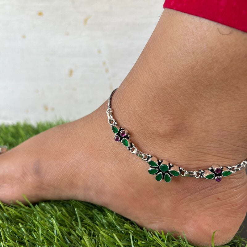 Antique silver anklets - half floral design