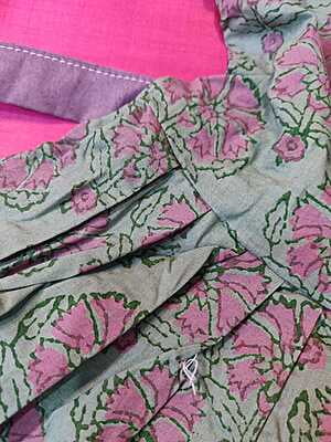 Grey and light pink soft cotton summer hand block print frock