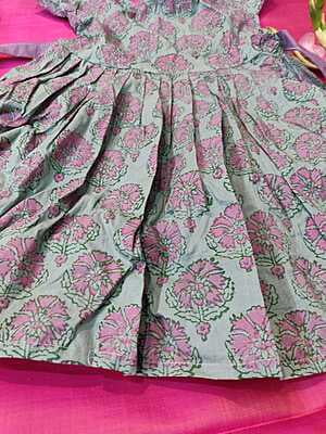 Grey and light pink soft cotton summer hand block print frock