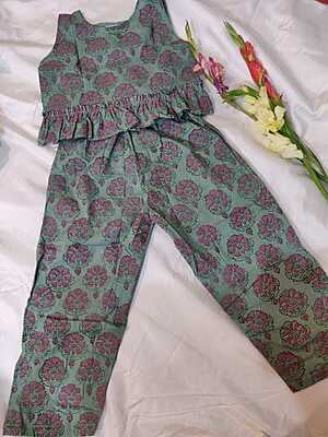 Co-ord set in cambric cotton with hand block printed design in grey and pink Combination