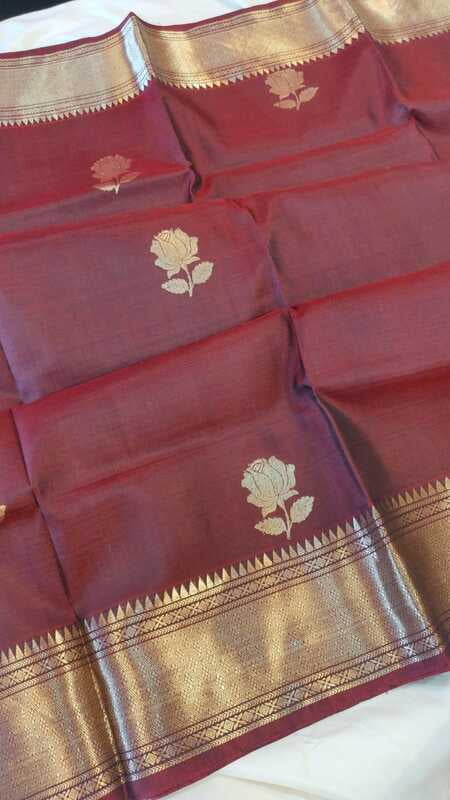 Chocolate color pure Mulberry silk Rose swarnachari saree Chocolate color pure Mulberry silk Rose swarnachari saree