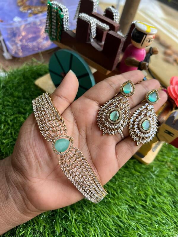 Majestic Gold plated Choker neckpiece with CZ stones paired with Earings