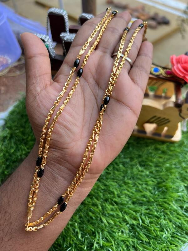 Two layer one gram gold finished trendy regular wear chain with black balls