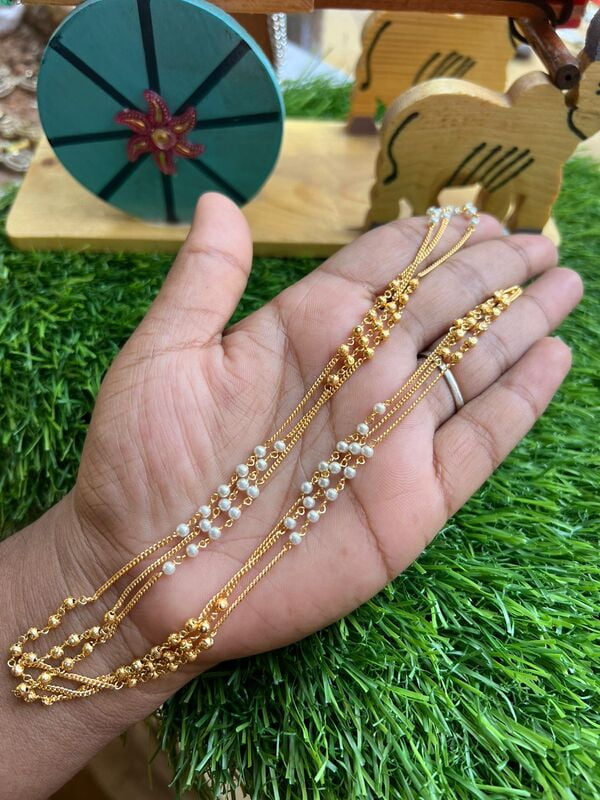 Three layered Gold plated chain with Pearl & Gold balls