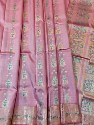 Pastel pink with light green meena workpure Mulberry silk Swarnachari saree Pastel pink with light green meena workpure Mulberry silk Swarnachari saree