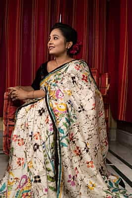 Hand batik on off white pure Mulberry silk with Multiple color from our Mystic radiance collection