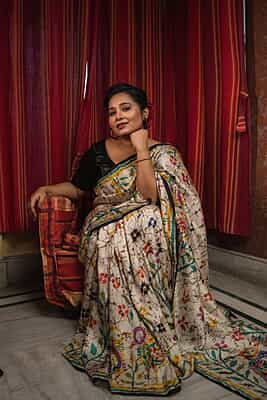 Hand batik on off white pure Mulberry silk with Multiple color from our Mystic radiance collection