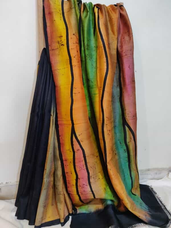 Black and flames hand batik on Mulberry silk saree from Mystic radiance collection