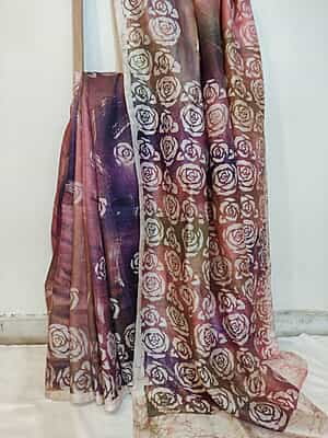 Pink Rose and purple hand batik Mulberry silk saree