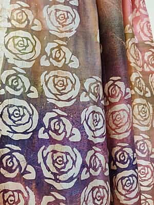 Pink Rose and purple hand batik Mulberry silk saree
