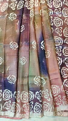 Pink Rose and purple hand batik Mulberry silk saree