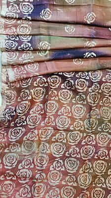 Pink Rose and purple hand batik Mulberry silk saree