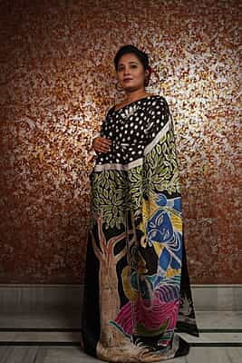 Black hand painted hand batik work on Mulberry silk