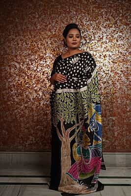 Black hand painted hand batik work on Mulberry silk